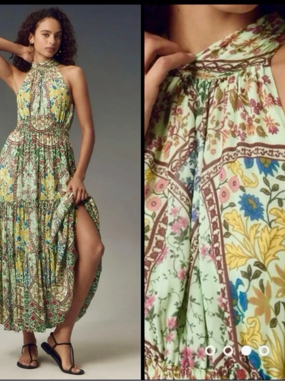 Anthropologie Halter Maxi Dress in Sage Green with Yellow & Blue Floral - Picture 1 of 4